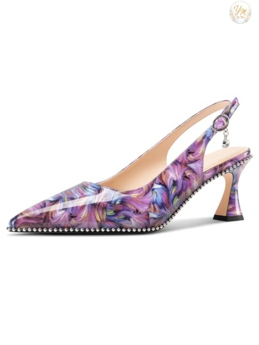 Kitten Heel Pointed Toe Beaded Slingback Buckle Pumps Faux Leather 2.6 Inch